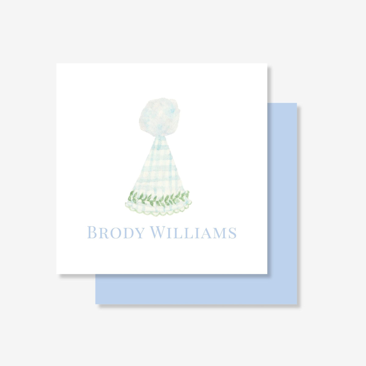 Personalized Blue Gingham Party Hat Enclosure Cards