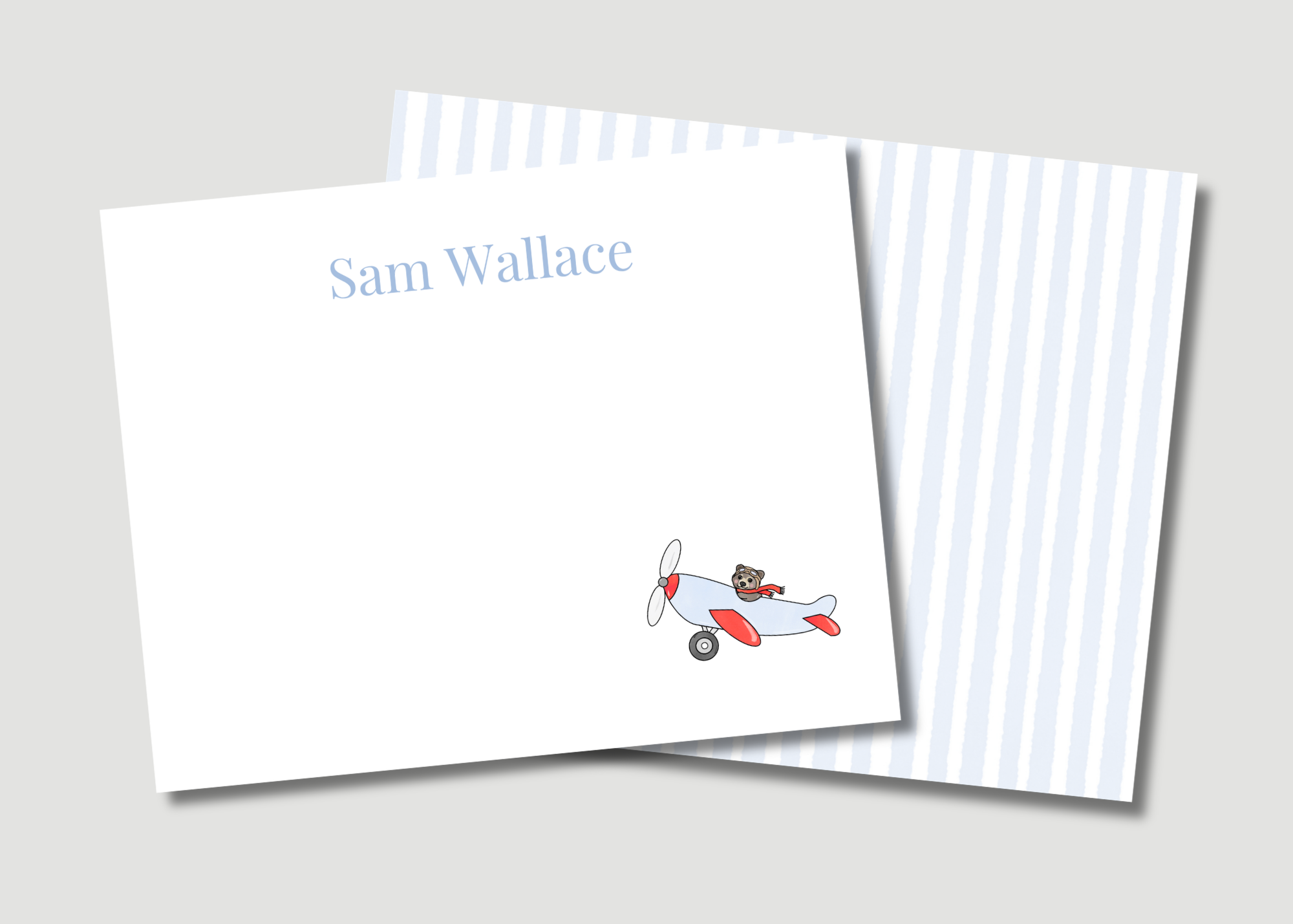 Personalized Airplane Kids Stationery | Blue Stripe Notecards