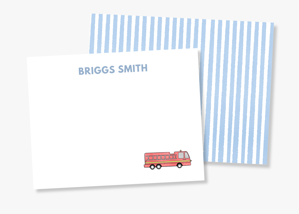 Personalized Firetruck Kids Stationery | Blue Stripe Notecards