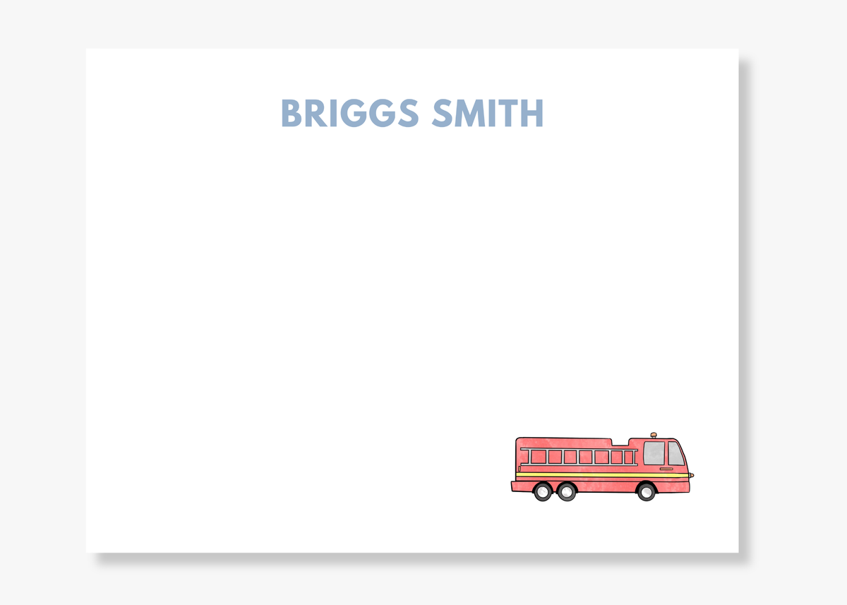 Personalized Firetruck Kids Stationery | Blue Stripe Notecards