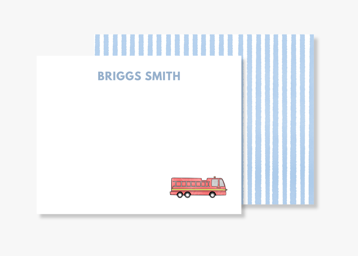 Personalized Firetruck Kids Stationery | Blue Stripe Notecards