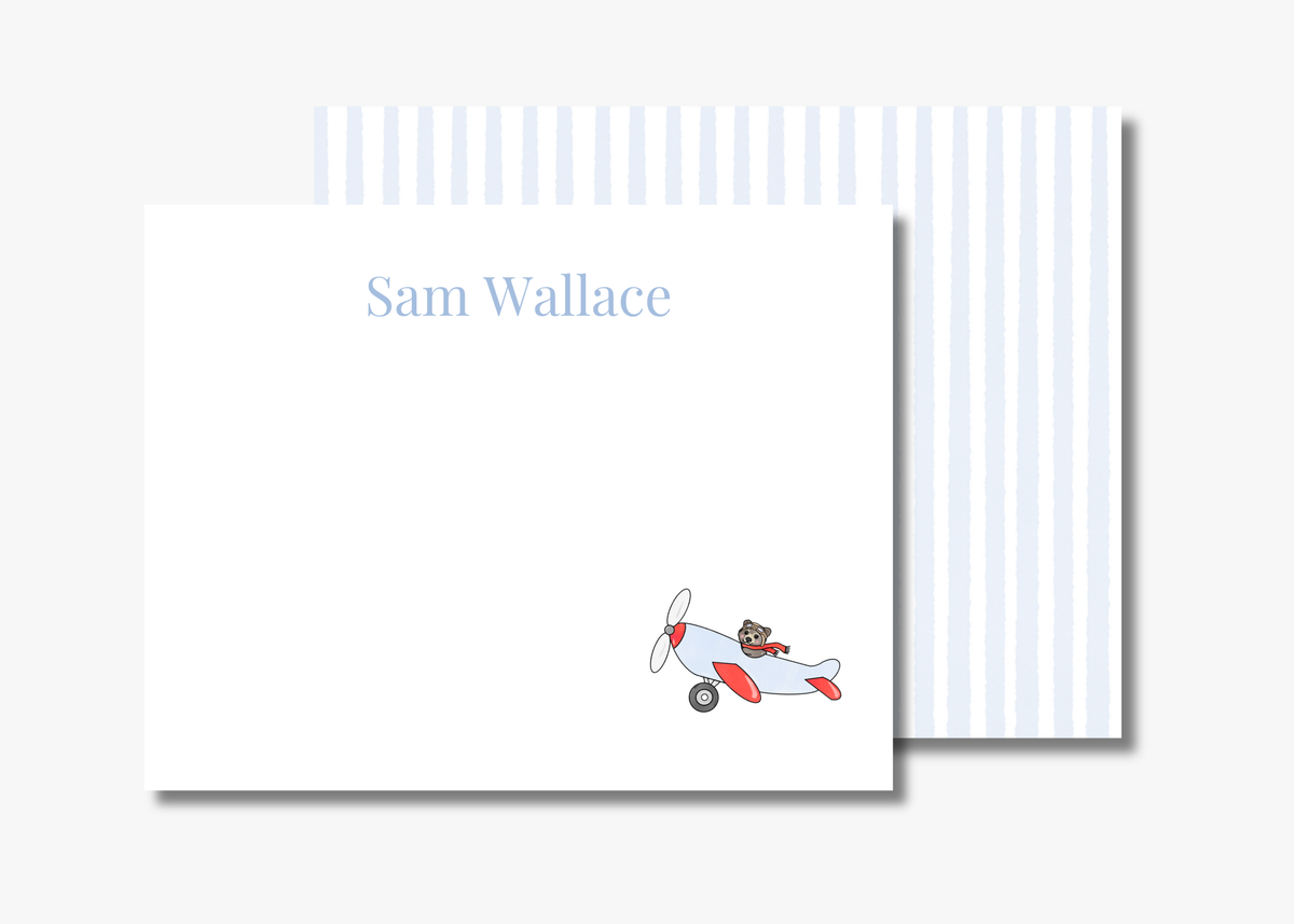 Personalized Airplane Kids Stationery | Blue Stripe Notecards